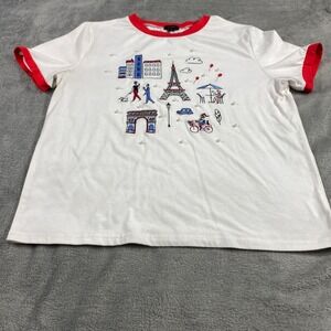 Kate Spade T-Shirt Womens XL White Red Paris Embroidered Pearl Ringer Tee